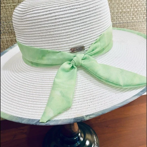 🌟HP🌟NWOT White & Lime Green Paper Straw Hat UPF 50+ by Sun N Sand Adjustable - Picture 3 of 9
